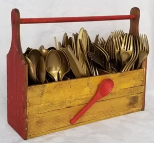 Unique Wooden Flatware Utensil Holder Caddy HANDCRAFTED Rustic Primitive Style - Picture 1 of 8