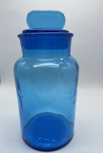 Vintage Large Blue Colored Glass Jar Ground Lid Apothecary Candy Jar 8.75 Cobalt - Picture 1 of 13