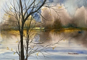 9”x12” Pamela Wilhelm Original Watercolor Pastoral Trees Landscape On Water - Picture 1 of 5