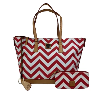 Dooney Bourke Red White Chevron Coated Vacchetta Leather Large Zip Tote Bag - Image 1 of 4