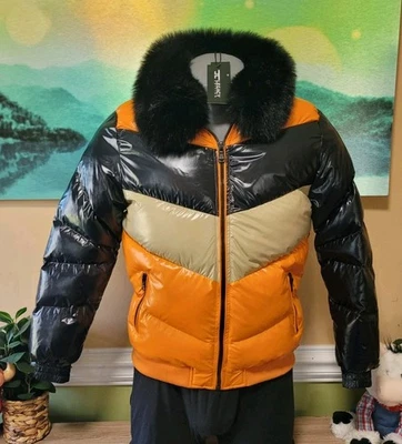 Puffer Jacket Black Orange Color Block Fur Collar Winter Coat kids 16 - Image 1 of 4