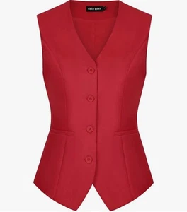 Womens Waistcoat Vest Fully Lined Button V Neck Sleeveless Blazer With Pockets - Picture 1 of 5