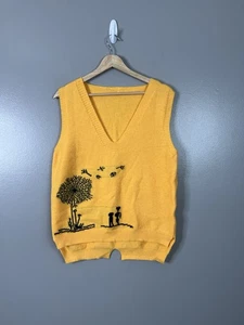 Yellow Knit Vest with artsy cartoon graphic size medium cute school teacher  - Picture 1 of 6