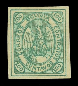 BOLIVIA 1868 CONDOR  100c pale blue green  Scott # 8a mint MH  VF+ - Picture 1 of 2