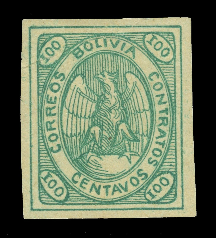 BOLIVIA 1868 CONDOR  100c pale blue green  Scott # 8a mint MH  VF+ - Image 1 of 2