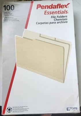 Pendaflex Essentials File Folders, 1/3 Cut Top Tab, Legal, Manila, 100/Box - Image 1 of 4