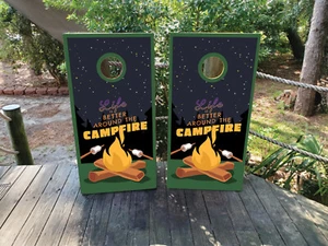 WATERPROOF & FADEPROOF Cornhole Board Wraps  /  Life Around A Campfire - Picture 1 of 3
