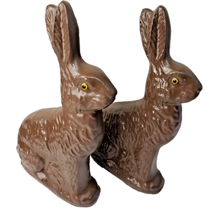 Large Ceramic Chocolate Look Easter Bunny Not Real Chocolate Rabbit Pair Bookend - Picture 1 of 24