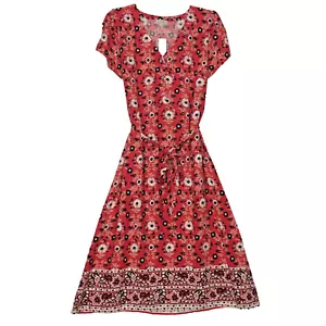 Loft Midi Dress Womens 8 Red Floral Short Sleeve Casual Summer Dress NWT - Picture 1 of 9