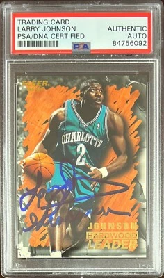 Larry Johnson auto inscribed 1996 Fleer #122 card Charlotte Hornets PSA Encap - Image 1 of 3