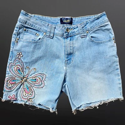 Y2K  Angels Cut Off denim Shorts Size 8 Embroidered Rhinestone Butterfly 2000s Foto 1 de 4