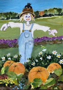 ACEO Original Garden Painting NFAC Pumpkins Flowers Bird Landscape D Ursin - Picture 1 of 1