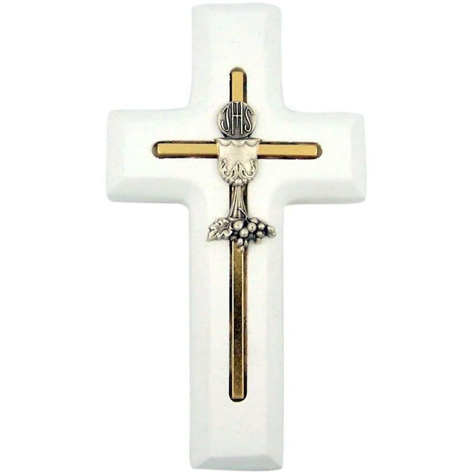 Cruz Primera Comunión Madera con Incrustación Cáliz y Hostia, 5 Pulgadas Foto 1 de 4