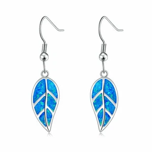 (SE 30) GORGEOUS  BLUE  FIRE OPAL  LEAF   HOOK  EARRINGS - Picture 1 of 6
