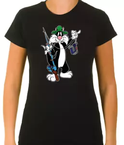 Sylvester The Cat fishing Women 3/4 Short Sleeve T-Shirt L805 - Picture 1 of 5