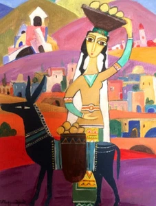 Orig. FOLK ART PAINTING "Fruit Selling Woman on Donkey"- RUSSIAN ARMENIAN Artist - Picture 1 of 6
