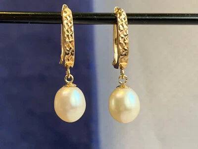 Pendientes de perlas de oro amarillo de 14K 2,6 g joyería fina colgante corte diamante cierre palanca Foto 1 de 4