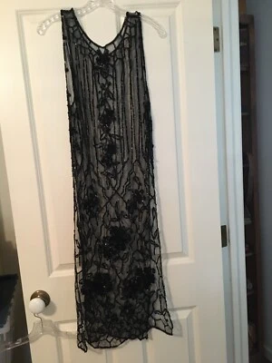 FUNDA DE VESTIDO VINTAGE AÑOS 20 DELICADA LENTEJUELAS NEGRA MICROMALLA HENDIDURA XSP Foto 1 de 4
