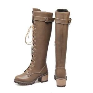 Womens Round Toe Block Mid Heels Lace Up Knee High Boots Military Combat Shoes