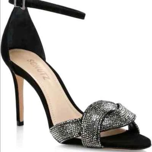 Schutz Jolita Crystal-Embellished Metallic Leather Sandals Black Size 9 - Picture 1 of 7