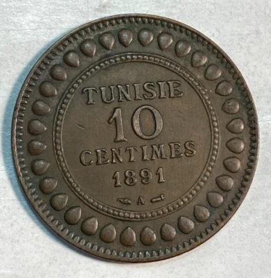 1891-A Tunisia 10 Centimes Nice Original Choice XF KM-22 CHRC - Image 1 of 2