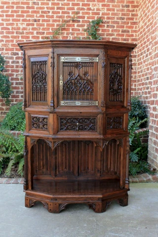 Antique French Gothic Sacristy Vestry Altar Wine Cabinet Bar Catholic Carved Oak Cover