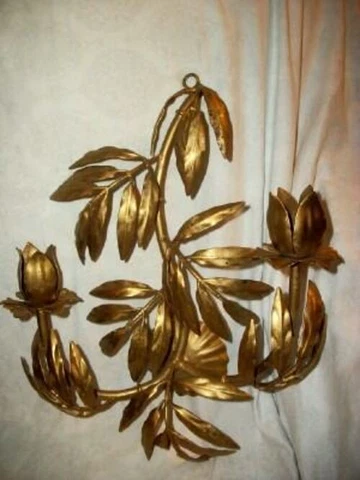 ITALIAN TOLE GILT CANDLE SCONCE BAMBOO LEAVES STEMS MID CENTURY CAN BE WIRED Cover