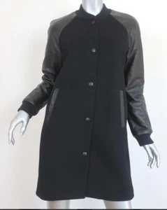 Madewell Leather Sleeve Varsity Coat Black Wool Jacket Size 0 XS - Picture 1 of 5