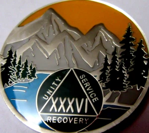 Mountain Blue green Alcoholics Anonymous 36 year AA silver Medallion Coin Token - Picture 1 of 9