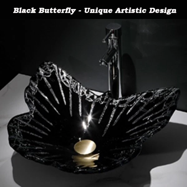 Fregadero de lavabo de encimera de baño en forma de mariposa negro y plateado brillante Foto 1 de 4