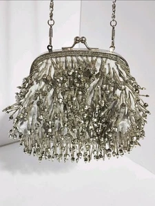 VTG Silver Beaded Evening Bag Purse with Rhinestones & Chain Strap –Satin Lining - Picture 1 of 15