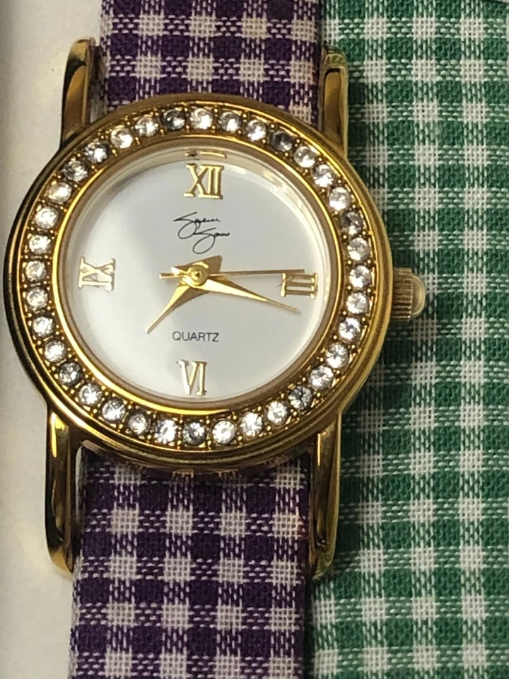 NUEVO + CAJA RELOJ VINTAGE SUZANNE SOMERS ESTRÁS CUARZO GINGHAM PÚRPURA Y VERDE Foto 1 de 1