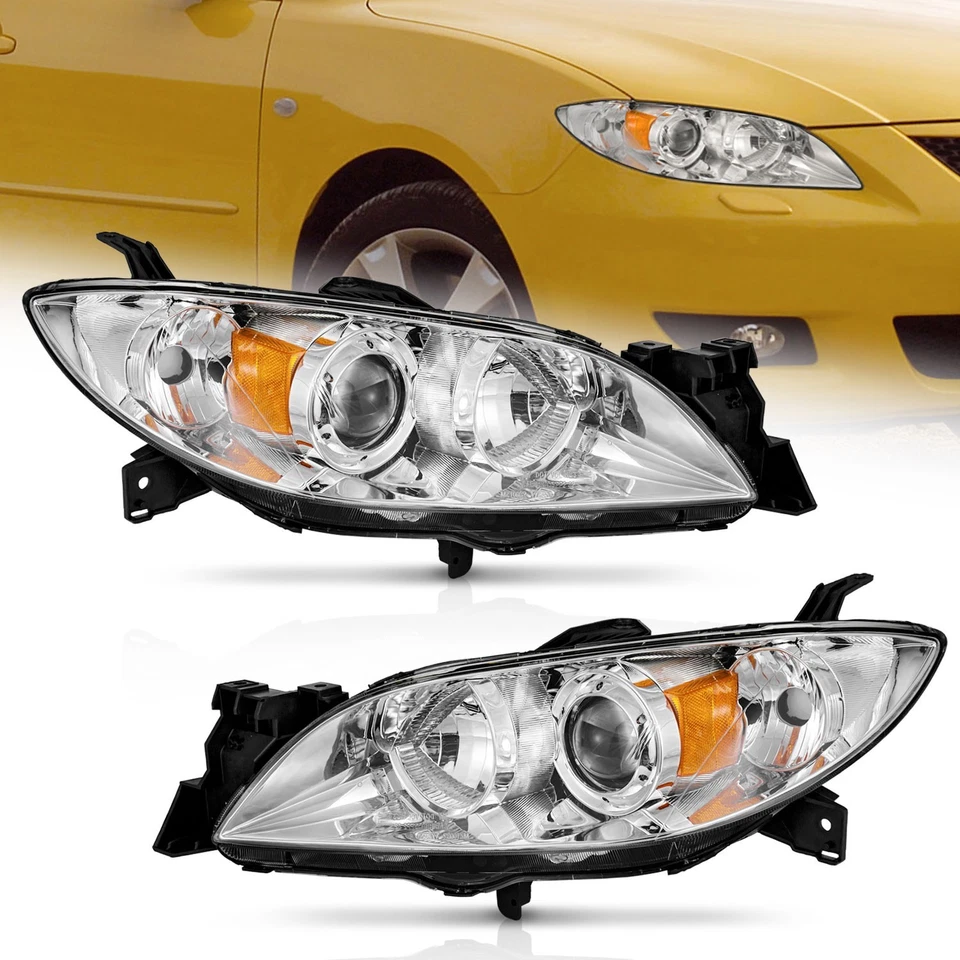 Pair Headlights Projector Chrome For 2004-2009 Mazda 3 Sedan 4-Door Headlamps Foto 1 de 4