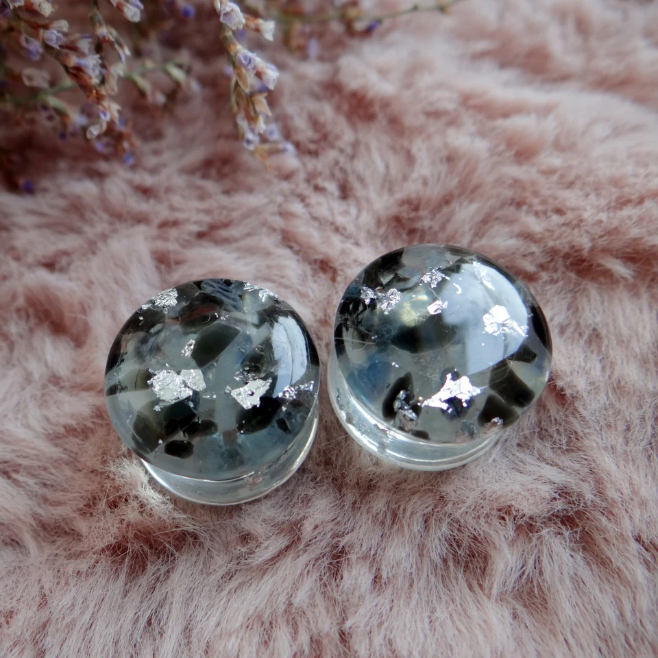 March Birthstone Aquamarine gauges Obsidian ear tunnels Resin plugs stretched - Image 1 of 4