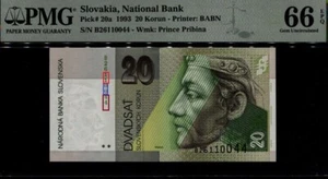1993 SLOVAKIA NATIONAL BANK 20 KORUN P20a PMG 66 EPQ GEM UNC,Fancy SN!+Gift SLBb - Picture 1 of 4