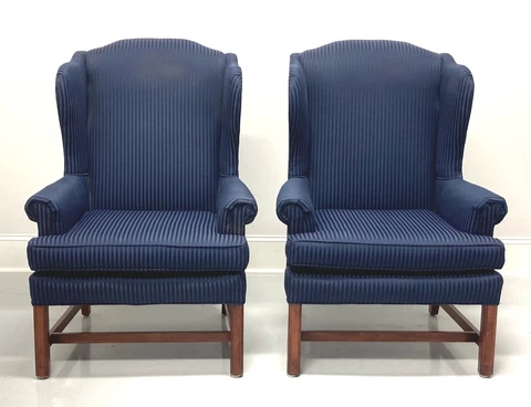 Vintage Mahogany Frame Chippendale Style Wing Back Chairs in Navy - Pair Cover