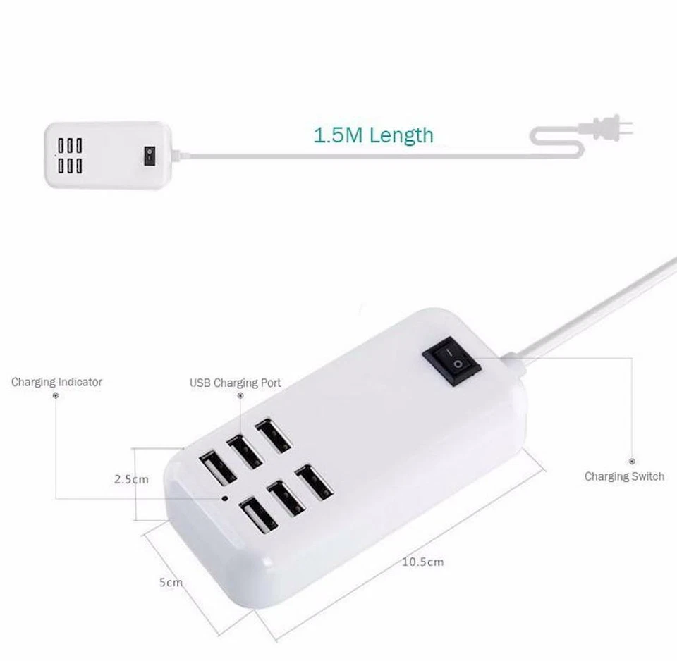 4 FOOT (1.5M) WALL PLUG EXTENSION CORD 6 USB PORT HUB 5V-4A 4 SLOT CHARGER CABLE - Image 1 of 4