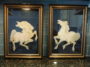 Pair Vintage Nisaburo Ito "Gold Horse" Japanese Framed Print on Silk Framed - Picture 1 of 11