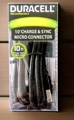 DURACELL® 10' CHARGE & SYNC MICRO CONNECTOR (Black Fabric) ~ LE2292 ~ NEW*SEALED - Image 1 of 4