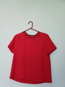 Laura Scott Womens S Career Blouse Short Sleeve Red Black Floral Embroidery NWT - Picture 1 of 7