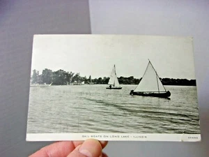 Sailboats on Long Lake IL 1940's vintage Postcard - Picture 1 of 2