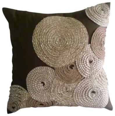 Pillow Cover Brown 16"x16", Square Silk Circles & Dots - Adorned By Jute - Image 1 of 4
