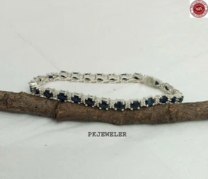Brazalete de tenis de plata de ley 925 con piedras preciosas de zafiro azul natural BR-45 - Imagen 1 de 12