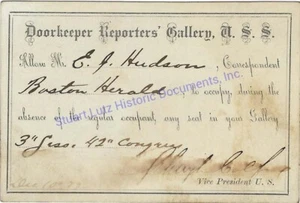 Schuyler Colfax signed Senate pass 1872 as Vice President for reporter - Picture 1 of 2