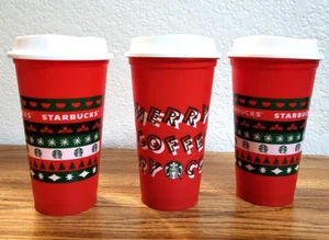 Lot of 3 Starbucks Christmas Holiday Merry Coffee Reusable Hot Cup Lid 2013 Red - Imagen 1 de 8