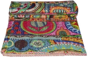 Handmade Kantha Quilt Floral Prints Cotton Hippie Bohemian PicnicThrow Blanket  - Picture 1 of 5