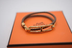 Hermes Roulis Double Tour Bracelet Brown with Gold Clasp and Center T1 Size - Picture 1 of 8