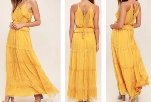 NWT Adelyn Rae M I Know Your Secret Garden Golden Yellow Lace Maxi Dress Sexy - Picture 1 of 12