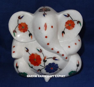 Marble Hindus Religious Idol Ganpati Moorti Gemstones Inlaid Art Home decor Gift - Imagen 1 de 6