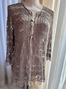 Crochet Tunic Tempo Paris Artsy Open Embroidered Crochet Fairy Boho Taupe - Picture 1 of 11